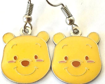 Vintage Disney Winnie The Pooh Bear Earrings Disneyana Charm Signed Charms Yellow Enamel