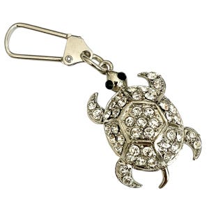 Vintage Crystal Sea Turtle Keychain Zipper Pull Purse Bag Charm Backpack Silver Tone Moving Feet Articulated