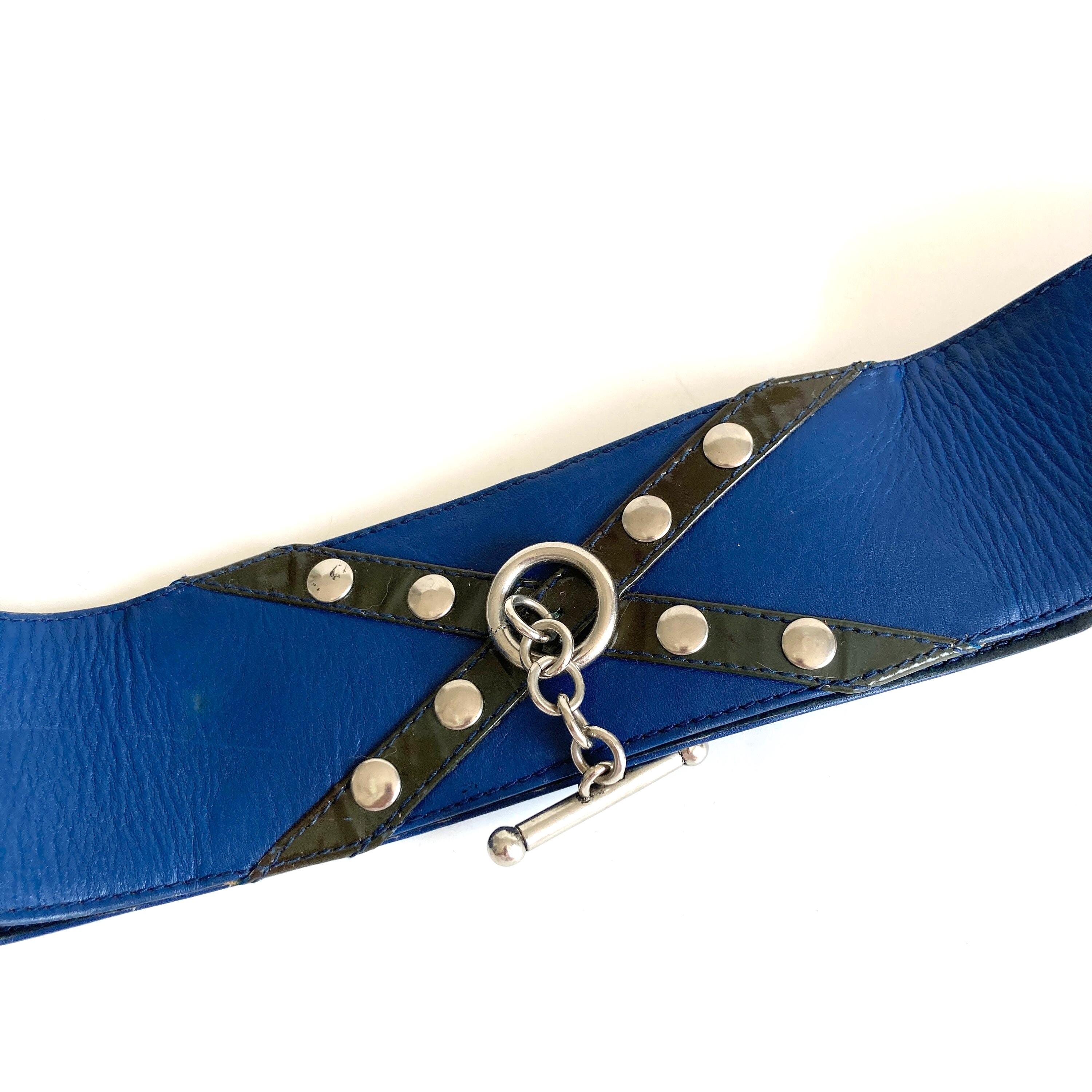 Ugo Correani Navy and Gold Leather‎ Belt- OS Ugo Correani Blue Leather Belt with Gold-tone Embellishment  main image 3