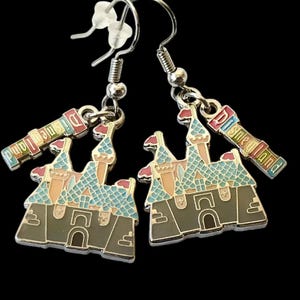 Vintage Disney Cinderella Castle Earrings Disneyana Charm Enamel Signed Charms California Disneyland Park Sleeping Beauty