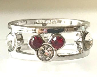 Vintage Disney Mickey Mouse Crystal Ring Size 5 Disneyana Silver Plated Stamped Signed Red Crystal