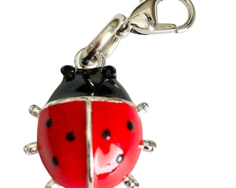 Dije de mariquita de esmalte rojo con cierre de cremallera, chapado en plata, joyería de insectos