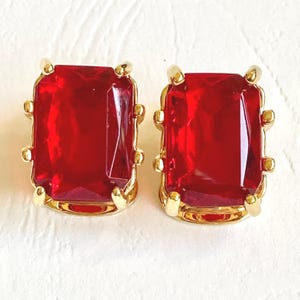 Vintage Red Glass Jeweled Cut Gold Plated Clip On Earrings 1970s Made in USA New