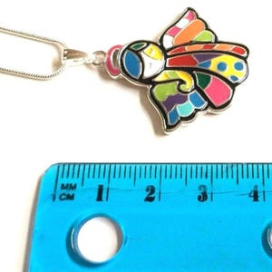 Vtg Pop Art Angel Necklace 18" Patchwork Pendant Multicolor Enamel Silver Plated image 10