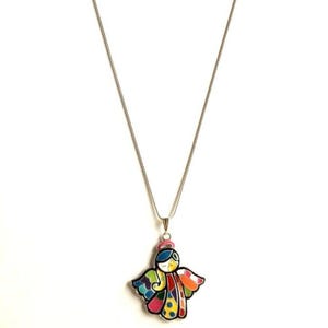 Vtg Pop Art Angel Necklace 18" Patchwork Pendant Multicolor Enamel Silver Plated image 7