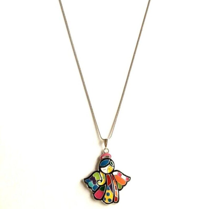 Vtg Pop Art Angel Necklace 18" Patchwork Pendant Multicolor Enamel Silver Plated image 7