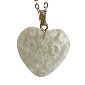 White Murano Glass Heart Necklace Millefiori Flowers Vintage Stainless Steel 18