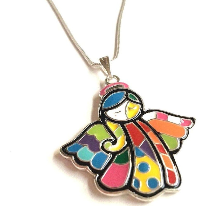 Vtg Pop Art Angel Necklace 18" Patchwork Pendant Multicolor Enamel Silver Plated image 2