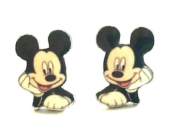 Vintage Disney Mickey Mouse Earrings Post Pierced Disneyana Signed Charms Studs Surgical Steel Posts