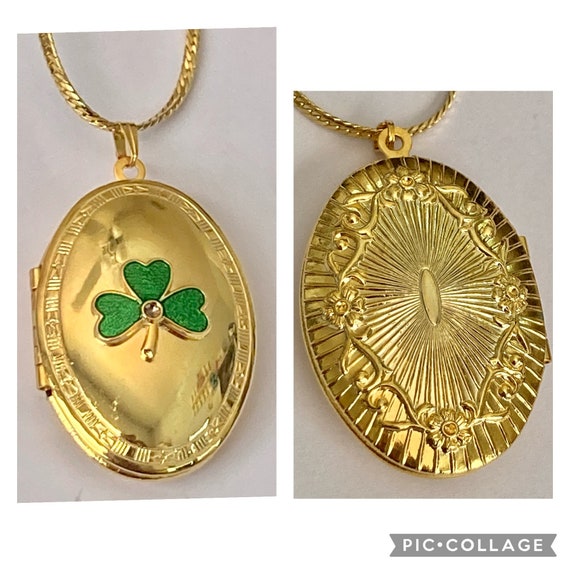 Vintage Shamrock Locket Pendant Necklace Irish Cl… - image 8