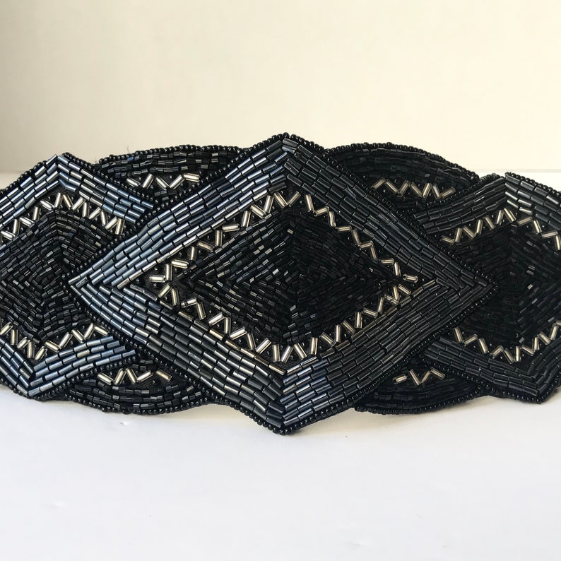 Vintage 90/'s Beaded Black Satin Disco Obi Belt Medium Large Statement Cummerbund