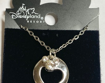 Vintage Disney Mickey Mouse Necklace Ears Heart Austrian Crystal Charm 18" Chain Signed Charms Silver Plated