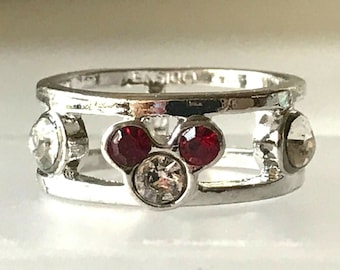 Vintage Disney Mickey Mouse Crystal Ring Size 5 Disneyana Silver Plated Signed Red Clear Crystals Valentines Day Gift