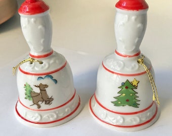 Vintage Kurt Adler Santa's World Christmas Tree Dinner Bell Set Ceramic Reindeer Made in Japan