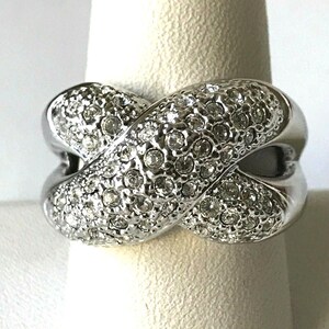 Vintage Camilla Lucia Silver Criss Cross Cocktail Ring Swarovski Crystal Size 9 Made in USA 1970&#39;s Art Deco Statement