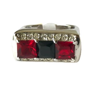 Vintage Art Glass Deco Garnet Ruby Red Ring Size 8 9 Camilla Lucia Simulated Plated Crystal Signed Made in USA
