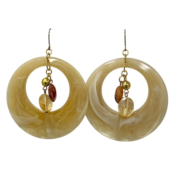 Vintage Beige Lucite Plastic Hoop Earrings Gold Tone Beaded 80s 90s Big Chunky