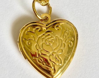 Vintage Gold Rose Flower Heart Locket Necklace Victorian Photo Charm 24" Plated