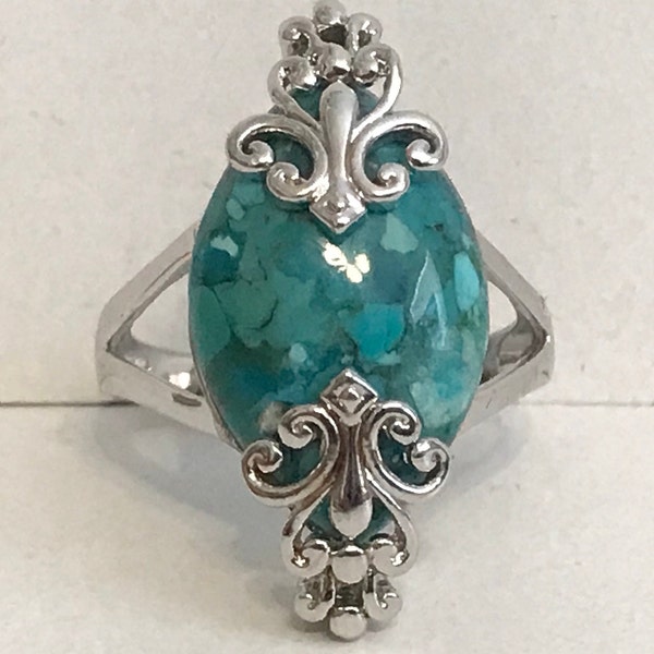 Vintage Art Deco Turquoise Cocktail Ring Size 7 8 9 Aqua Stone Thailand Old Store Stock Plated Southwestern Style Silver Rhodium Plated