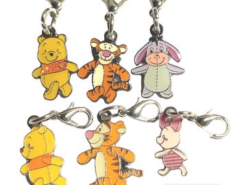 Vintage Disney Tigger Piglet Eeyore Winnie The Pooh Charm Lot of 6 Charms Purse Zipper Pull Clip On for Bracelet Signed Charms Disneyana
