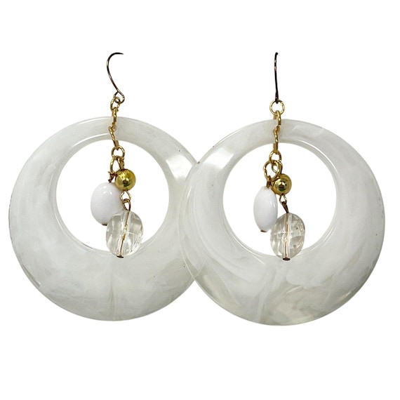 Vintage White Lucite Plastic Hoop Earrings Gold Tone Beaded 80s 90s Big Chunky