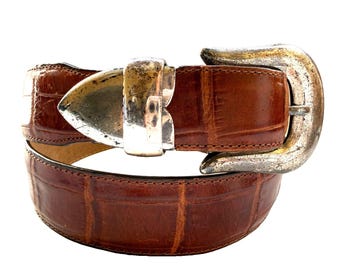 Vintage Ann Taylor Croc Print Brown Leather Womens Belt Size XS S Western 24-27"