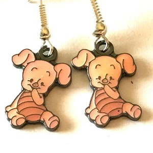 Vintage Disney Baby Piglet Earrings Winnie the Pooh Baby Babies Disneyana Charm Pink Enamel Signed Charms