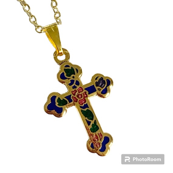 Vintage Cloisonne Maltese Cross Necklace Gold Pla… - image 2