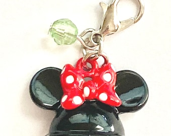Vintage Minnie Mouse Hat Charm Bow Polka Dots Red Black Clip On For Bracelet Zipper Pull Backpack Purse Charm