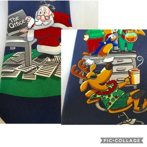 May include: A blue necktie with two different Christmas-themed designs. One side features Santa Claus working on a laptop with the text "The Office" on the screen. The other side features a reindeer wearing sunglasses and a lei, holding a cup of coffee.