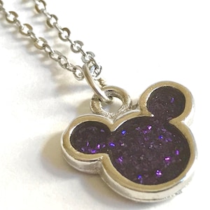 Vintage Silver Mickey Mouse Ears Necklace Walt Disney Purple Enamel Disneyana 18&quot; Icon
