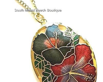 Vintage Cloisonne Hibiscus Flower Hawaiian Pendant Necklace Gold Plated 24"