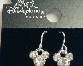 Vintage Disney Mickey Mouse Earrings Ears Austrian Crystal Silver Plated Signed Charms Sparkly Dainty Disneyana