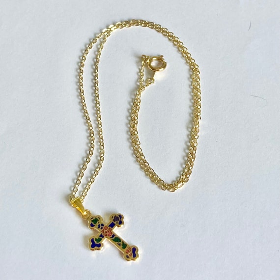 Vintage Cloisonne Maltese Cross Necklace Gold Pla… - image 7