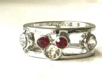 Vintage Disney Mickey Mouse Crystal Ring Size 5 Disneyana Silver Plated Signed Red Clear Crystals Valentines Day Gift