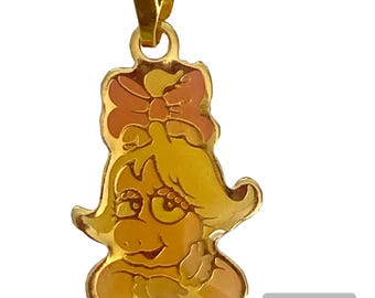 Vintage Miss Piggy Muppets Charm Necklace Signed Jim Henson 18" Gold Plated