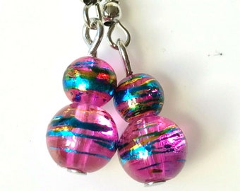 Murano Art Glass Pink Bead Earrings Pink Blue Gold Beads Hand Painted Round Silver Plated