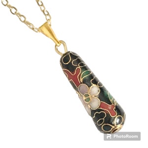Vintage Cloisonne Pink Flower Necklace Teardrop Black Enamel Gold Plated Taiwan