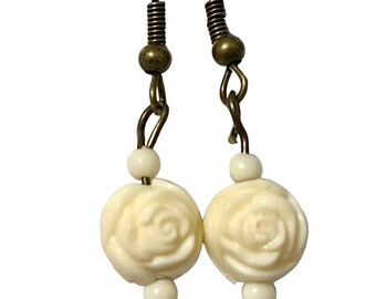 Vintage White Cream Rose Bud Flower Earrings Gold Tone Plated Carved Beads Mid Century Upcycled
