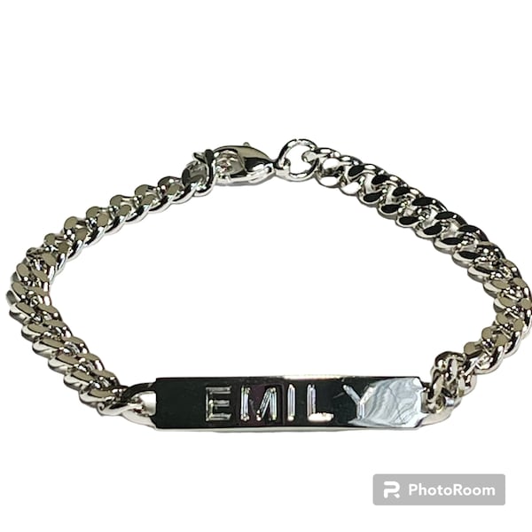 Vintage Emily Name ID Bracelet EMILY Silver Tone Rhodium Plated 7.25" Girls Teen Womens 90's