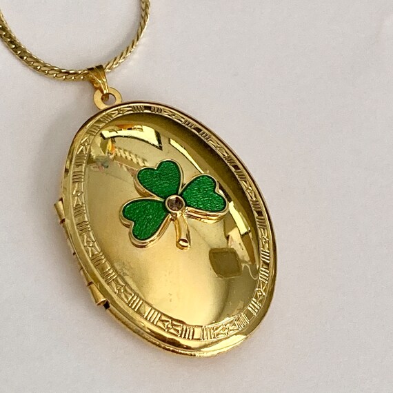 Vintage Shamrock Locket Pendant Necklace Irish Cl… - image 7