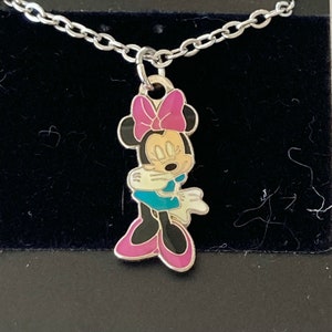 Vintage Disney Minnie Mouse Charm Necklace Pink Bow Enamel Disneyana 18" Stainless steel Chain Signed Charms image 6