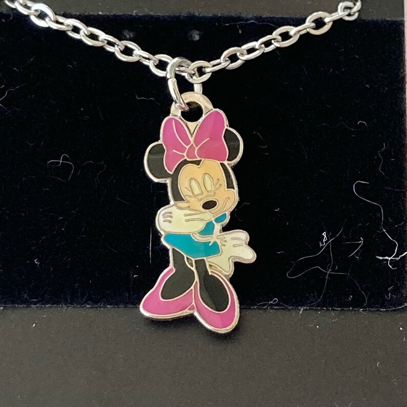 Vintage Disney Minnie Mouse Charm Necklace Pink Bow Enamel Disneyana 18" Stainless steel Chain Signed Charms image 6