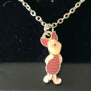 Vintage Disney Piglet Necklace Charm 18&quot; Silver Tone Disneyana Winnie the Pooh Signed Charms