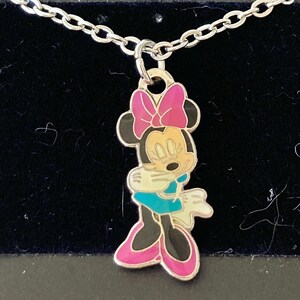Vintage Disney Minnie Mouse Charm Necklace Pink Bow Enamel Disneyana 18" Stainless steel Chain Signed Charms image 3