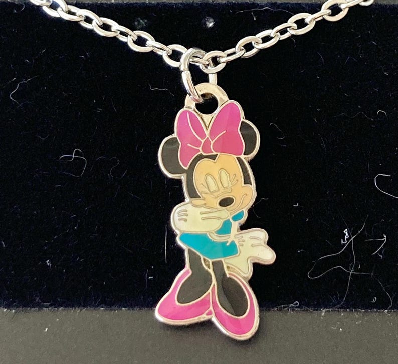 Vintage Disney Minnie Mouse Charm Necklace Pink Bow Enamel Disneyana 18" Stainless steel Chain Signed Charms image 3