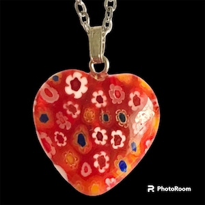 Vintage Orange Murano Art Glass Heart Necklace Millefiori Flowers Vintage Stainless Steel 18&quot;