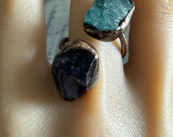 Green and Purple Fluorite wrap around Ring, Adjustable Ring