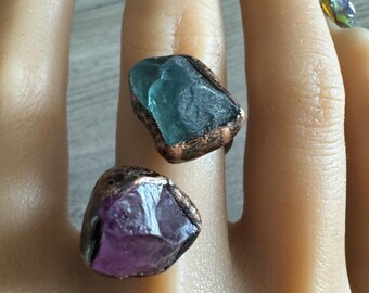 Green and Purple Fluorite wrap around Ring, Adjustable Ring