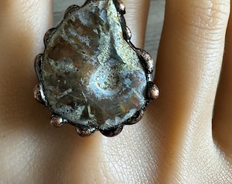 Raw Nautilus Fossil Shell Cuff Ring, Adjustable Ring